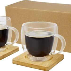 Dos tazas de vidrio de doble pared de 250 ml con posavasos de bambú "Manti"