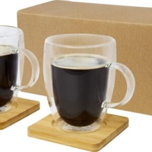 Dos tazas de vidrio de doble pared de 350 ml con posavasos de bambú "Manti"