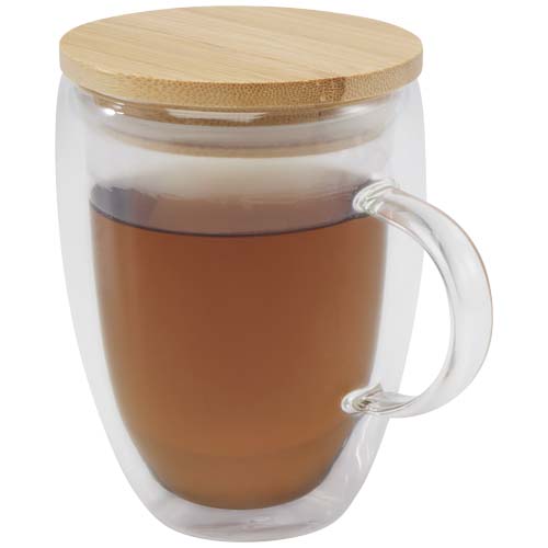 Taza de vidrio de 350 ml con tapa de bambú "Leona"