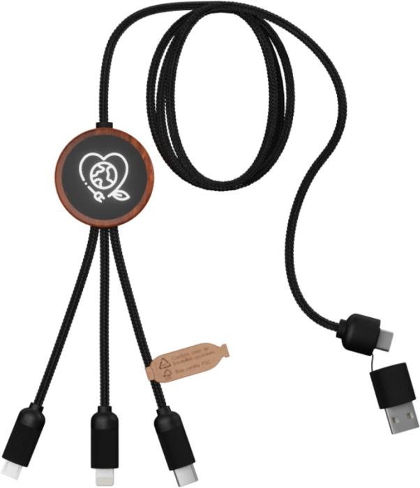 Cable de carga 5 en 1 de PET reciclado con logo retroiluminado y estuche redondo de madera "SCX.design C37"
