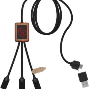 Cable de carga 5 en 1 de PET reciclado con logo retroiluminado y estuche cuadrado de madera "SCX.design C38"